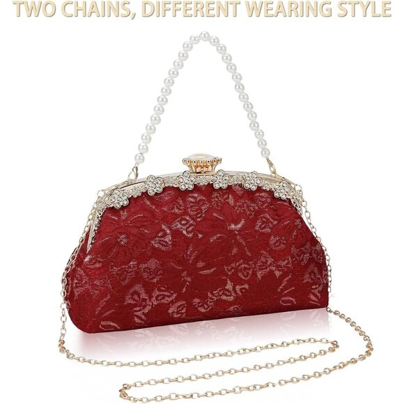 ⚡ Women's Red Fabric Lace Pearl Chain Rhinestones Shoulder Clutch Bag - Picture 5 of 9